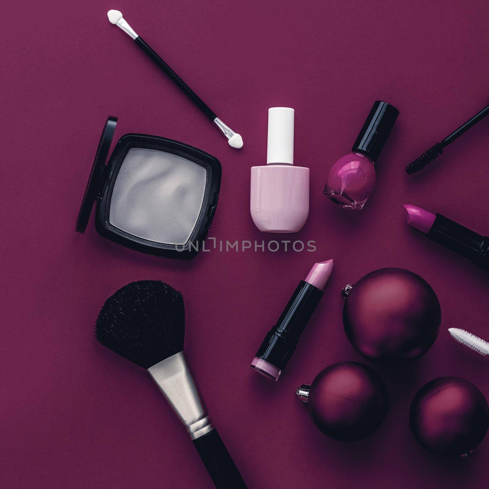 Cosmetic branding, fashion blog cover and girly glamour concept - Make-up and cosmetics product set for beauty brand Christmas sale promotion, luxury magenta flatlay background as holiday design