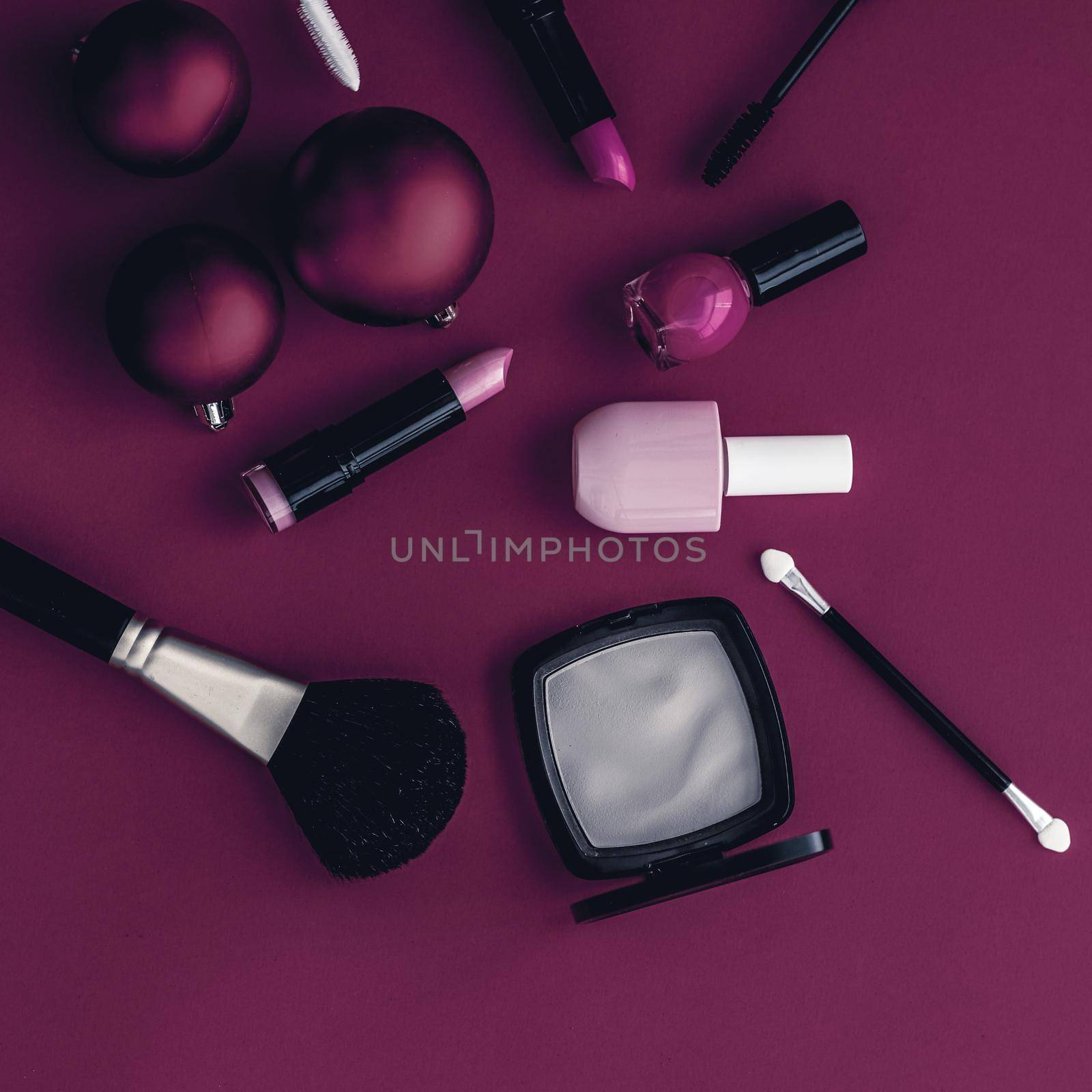 Cosmetic branding, fashion blog cover and girly glamour concept - Make-up and cosmetics product set for beauty brand Christmas sale promotion, luxury magenta flatlay background as holiday design