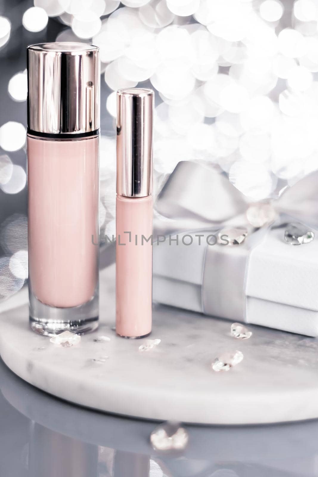 Holiday make-up foundation base, concealer and white gift box, luxury cosmetics present and blank label products for beauty brand design by Anneleven