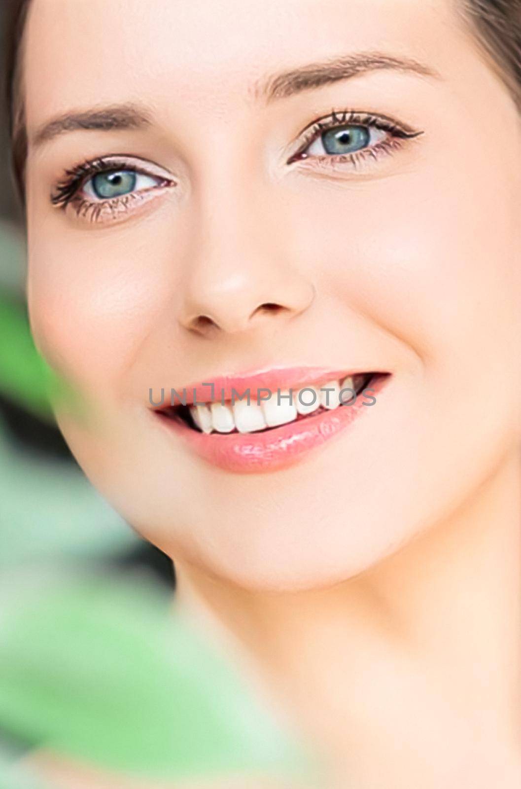 Natural beauty, perfect white teeth and healthy smile, beautiful woman in nature for skincare cosmetics and dental care, close-up portrait