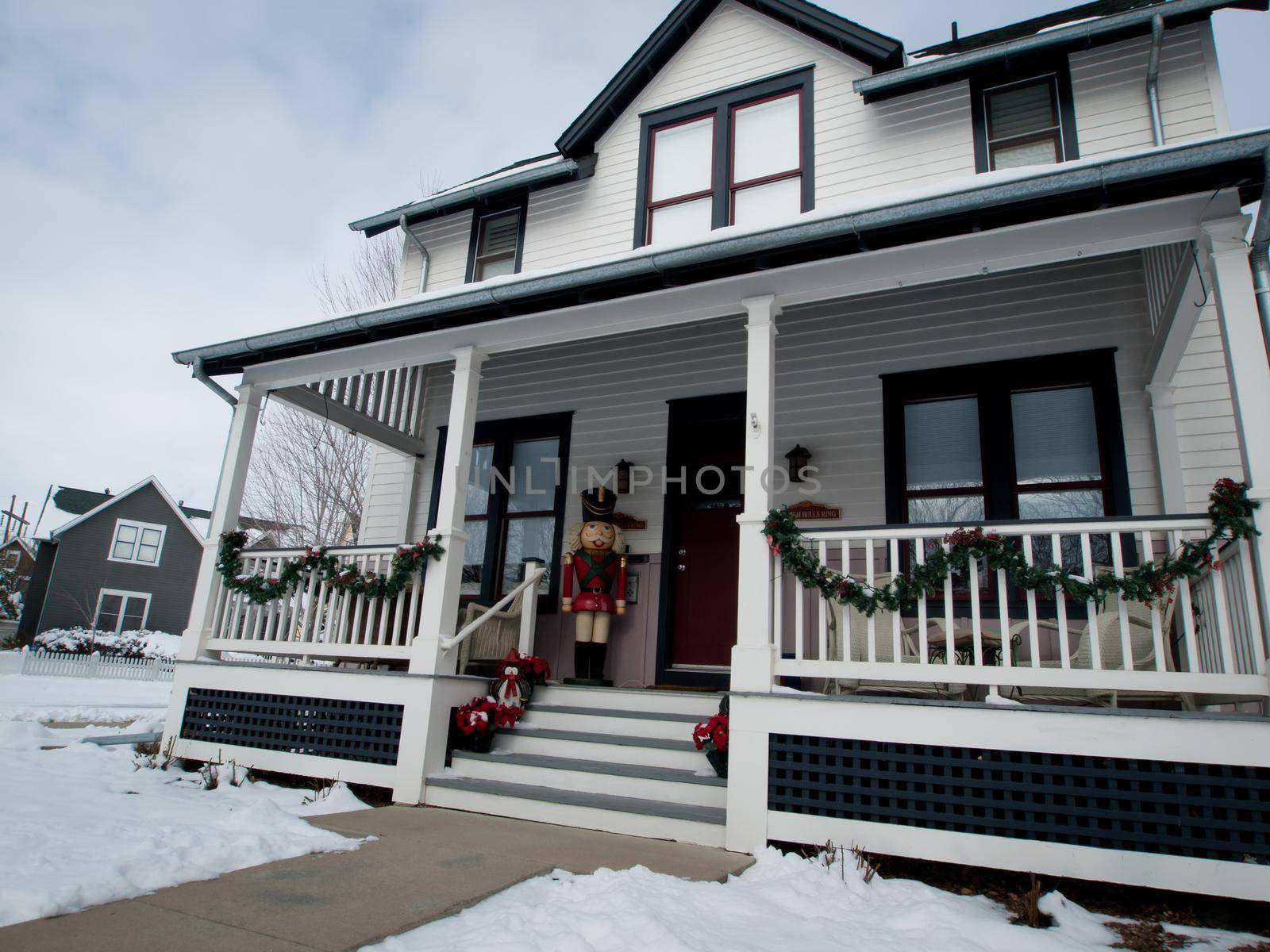 House decorated for winter holidays.