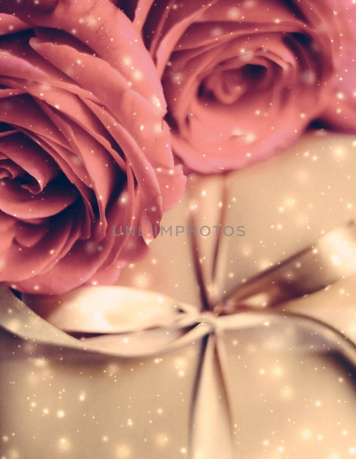 Vintage design, shop sale promotion and happy surprise concept - Luxury holiday golden gift box and bouquet of roses as Christmas, Valentines Day or birthday present