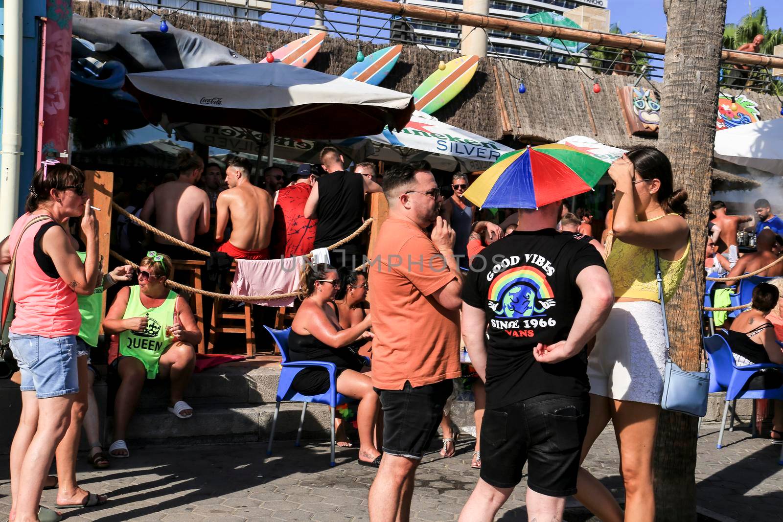 Benidorm, Alicante, Spain- September 10, 2022: Pub full of British tourists drinking alcohol in Benidorm, Spain