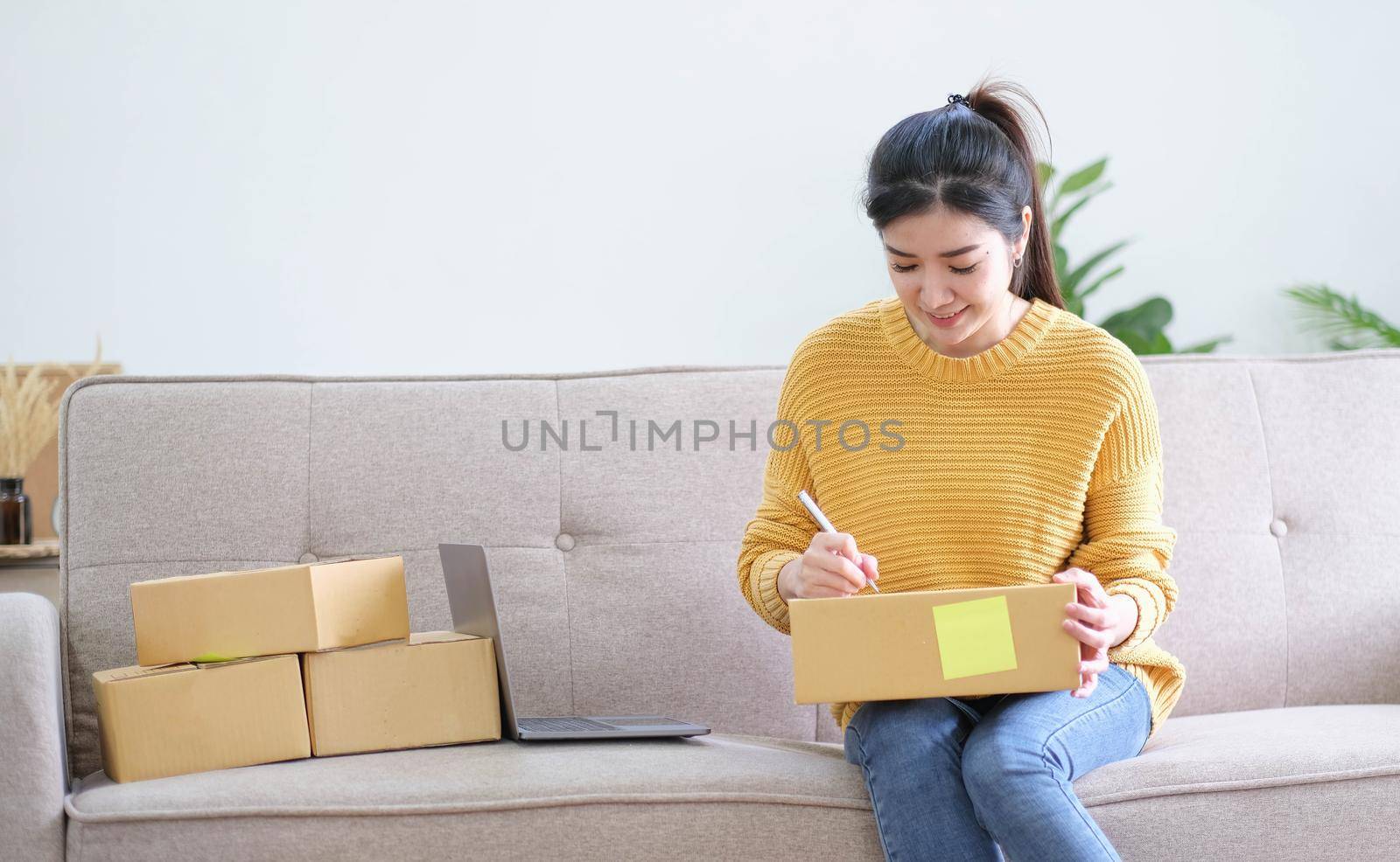 Starting small businesses SME owners female entrepreneurs check online orders to prepare to pack the boxes, sell to customers, sme business ideas online..