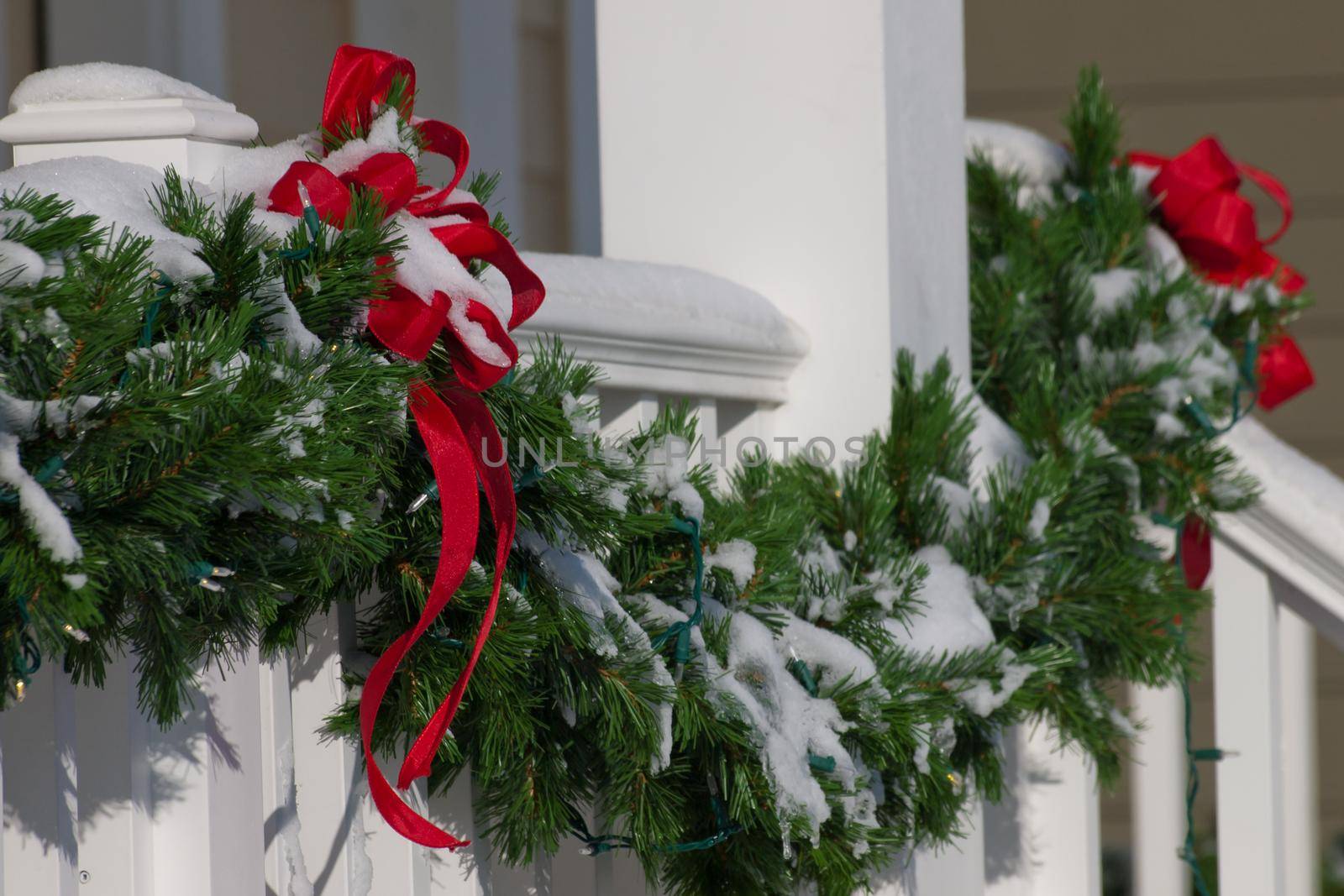 House decorated for winter holidays.
