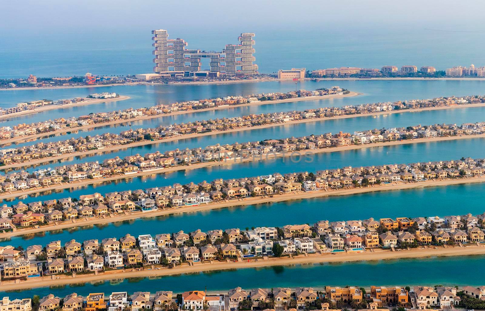 Dubai, UAE - 09.24.2021 Man made island, Palm Jumeirah and Royal Atlantis hotel.