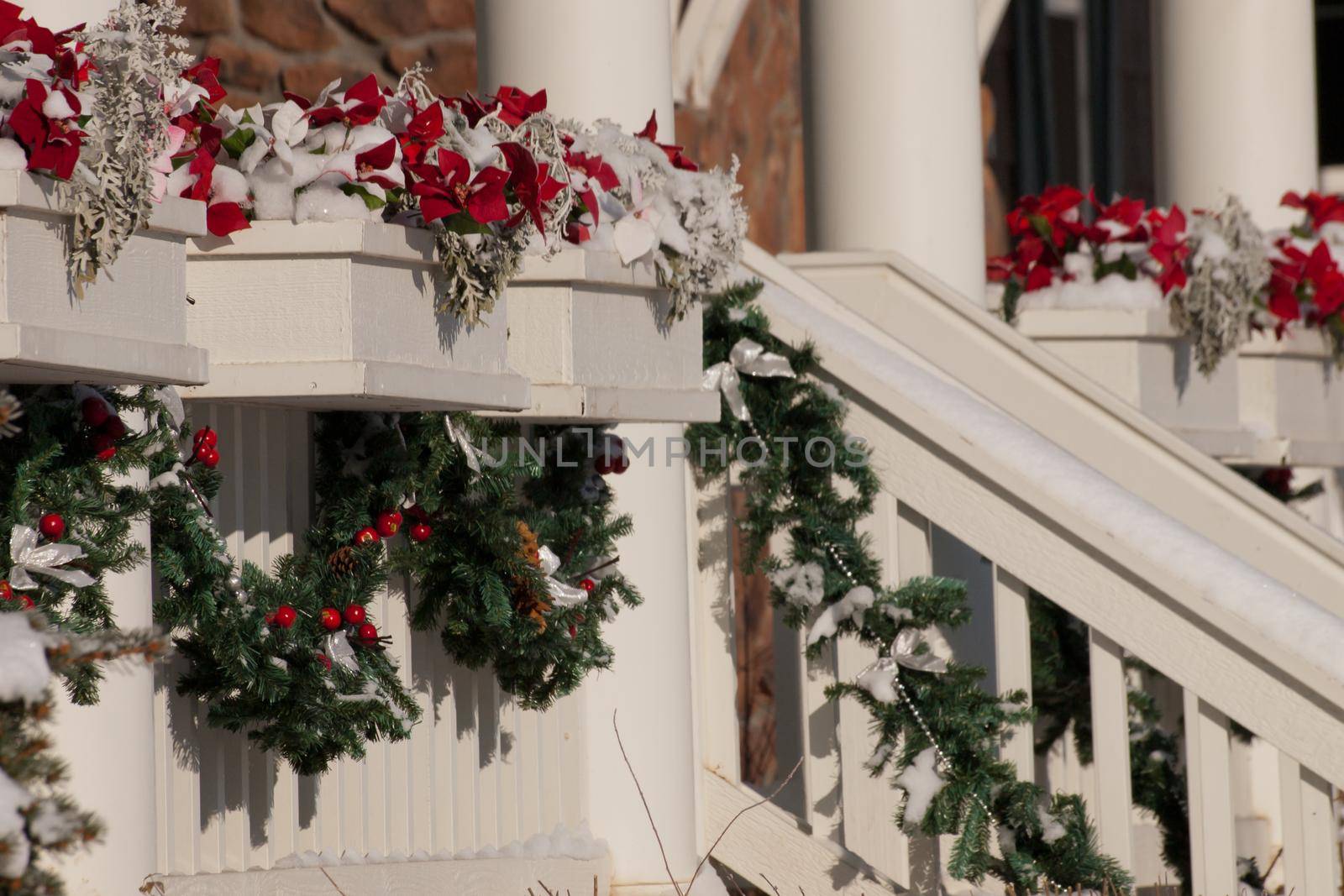 House decorated for winter holidays.
