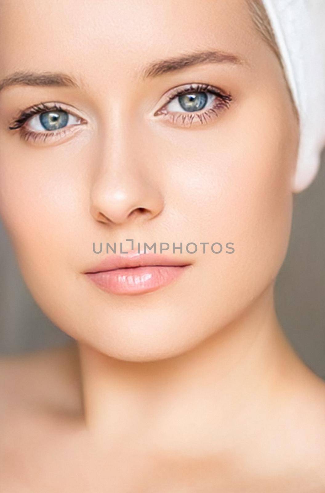 Skin care and beauty routine, beautiful woman with white towel wrapped around head, skincare cosmetics and face cosmetology by Anneleven