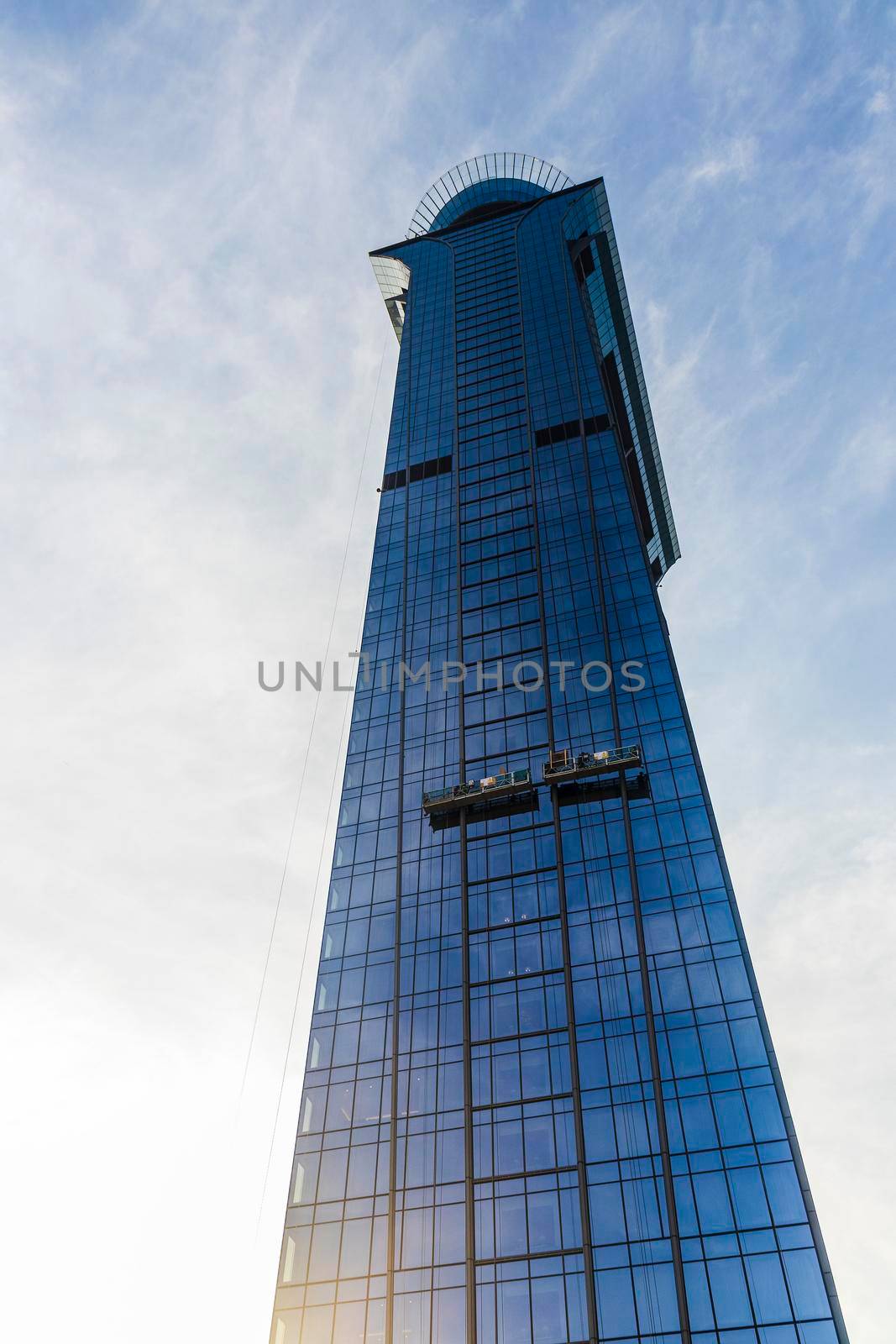 Dubai, UAE - 09.24.2021 External glass cleaning of The View at The Palm.