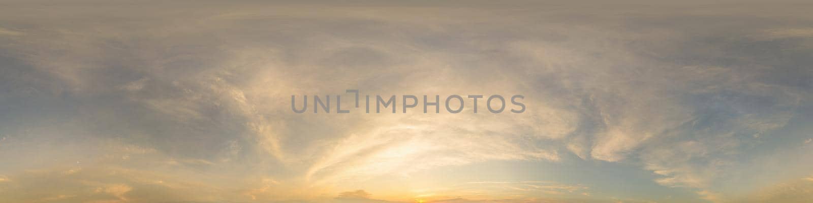 Sky panorama with Cirrus clouds in Seamless spherical equirectangular format. Full zenith for use in 3D graphics, game and editing aerial drone 360 degree panoramas for sky replacement