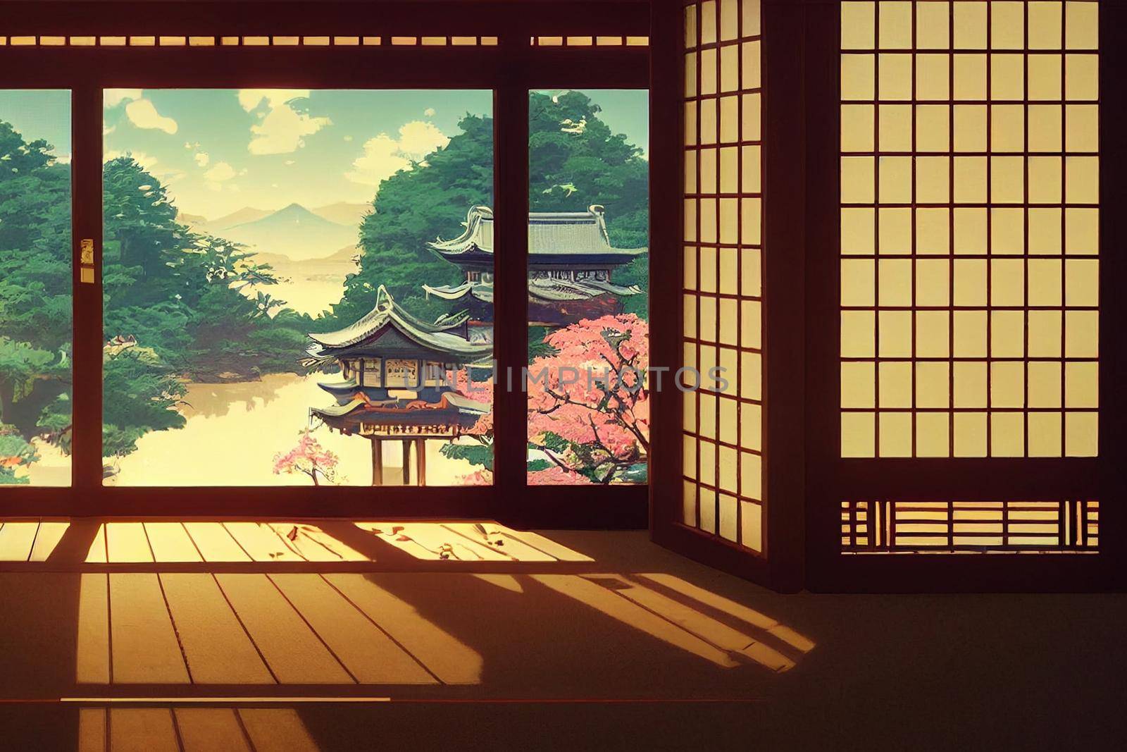 Fantasy japanese shrine with windows view torii outside. 3d render anime style.