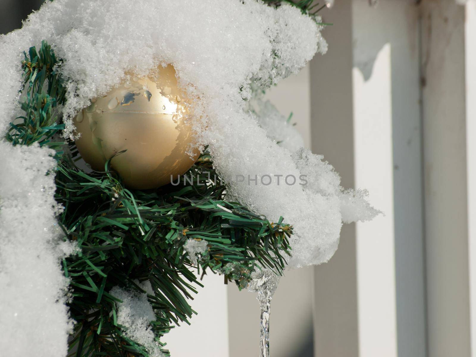 House decorated for winter holidays.