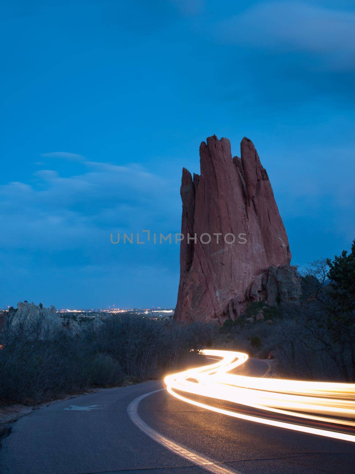 Sunset at Garden of the Gods Rock Formation in Colorado.
