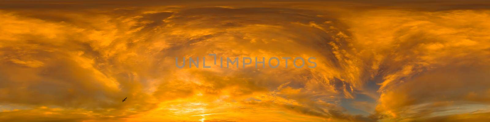 Dark blue twilight sky panorama with Cumulus clouds. Seamless hdr 360 panorama in spherical equiangular format. Full zenith or sky dome for 3D visualization, sky replacement for aerial drone panoramas