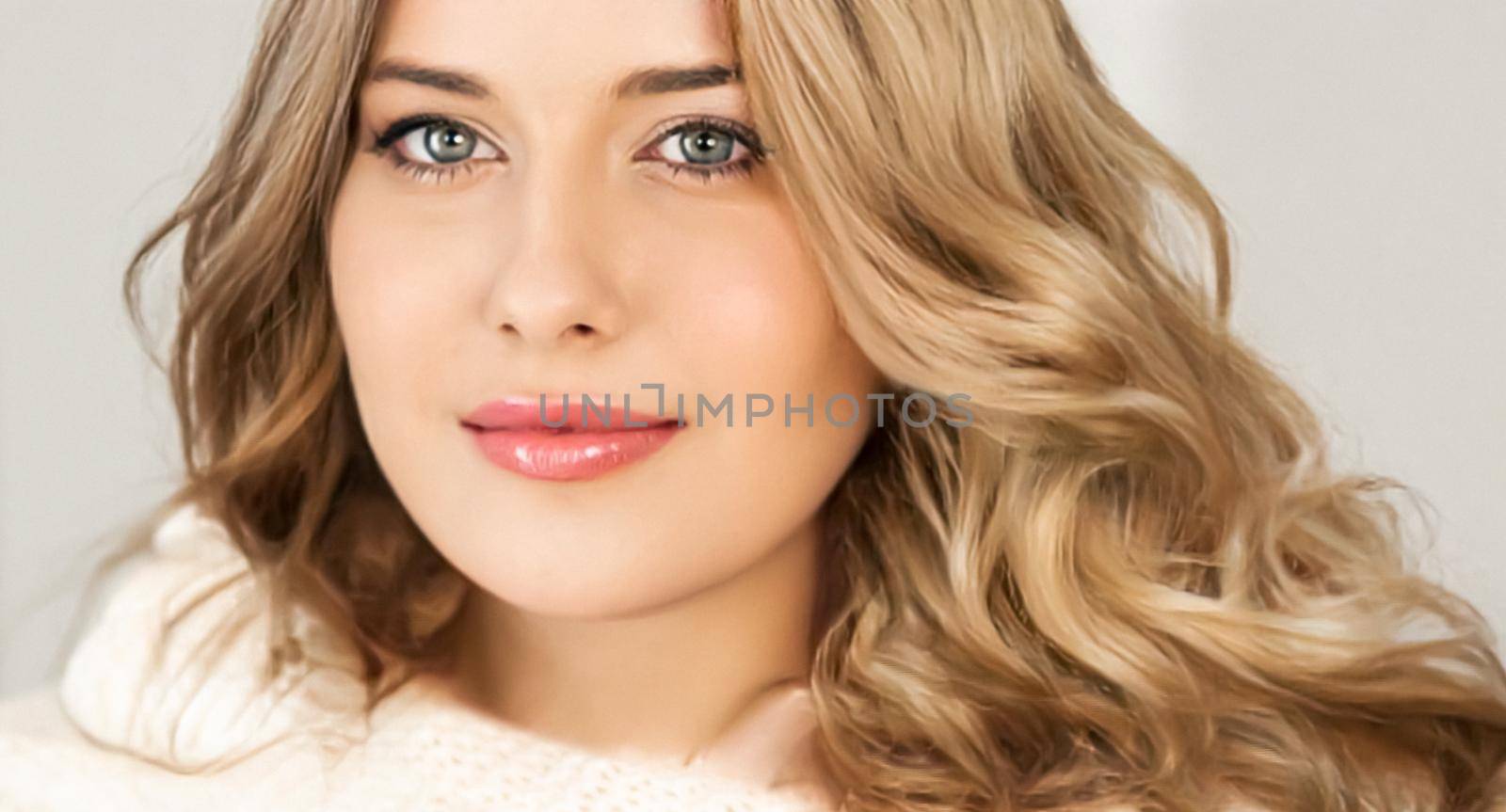 Autumn winter fashion and knitwear, beautiful woman wearing warm knitted scarf, close-up portrait