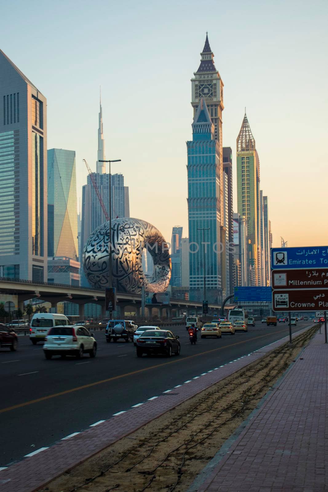 Main road of a United Arab Emirates, Shekh Zayed road. Shot taken in Dubai. Many of famous buildings can be seen as well as metro station and "Museum of future" Outdoors