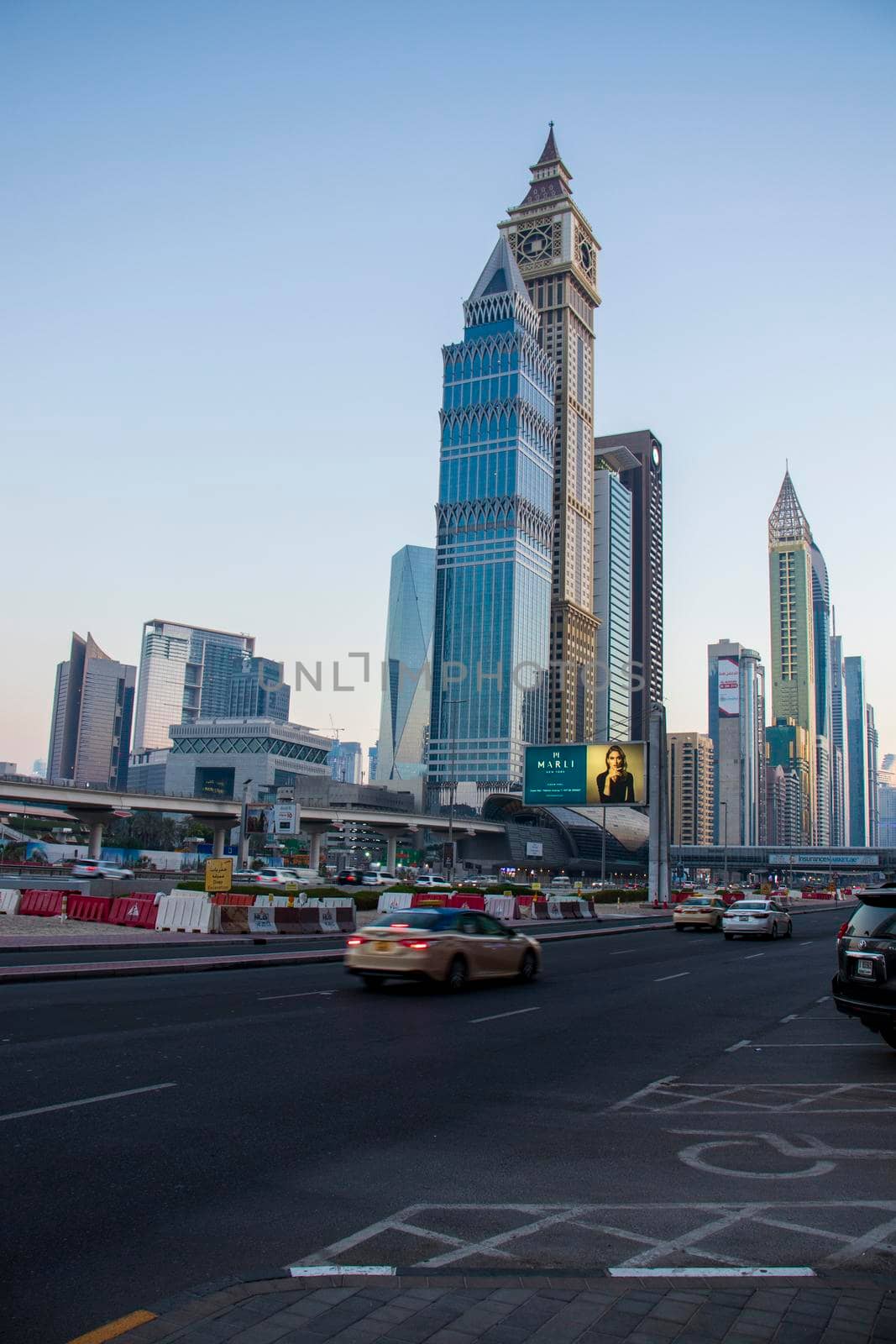 Main road of a United Arab Emirates, Shekh Zayed road. Shot taken in Dubai. Many of famous buildings can be seen as well as metro station Outdoors