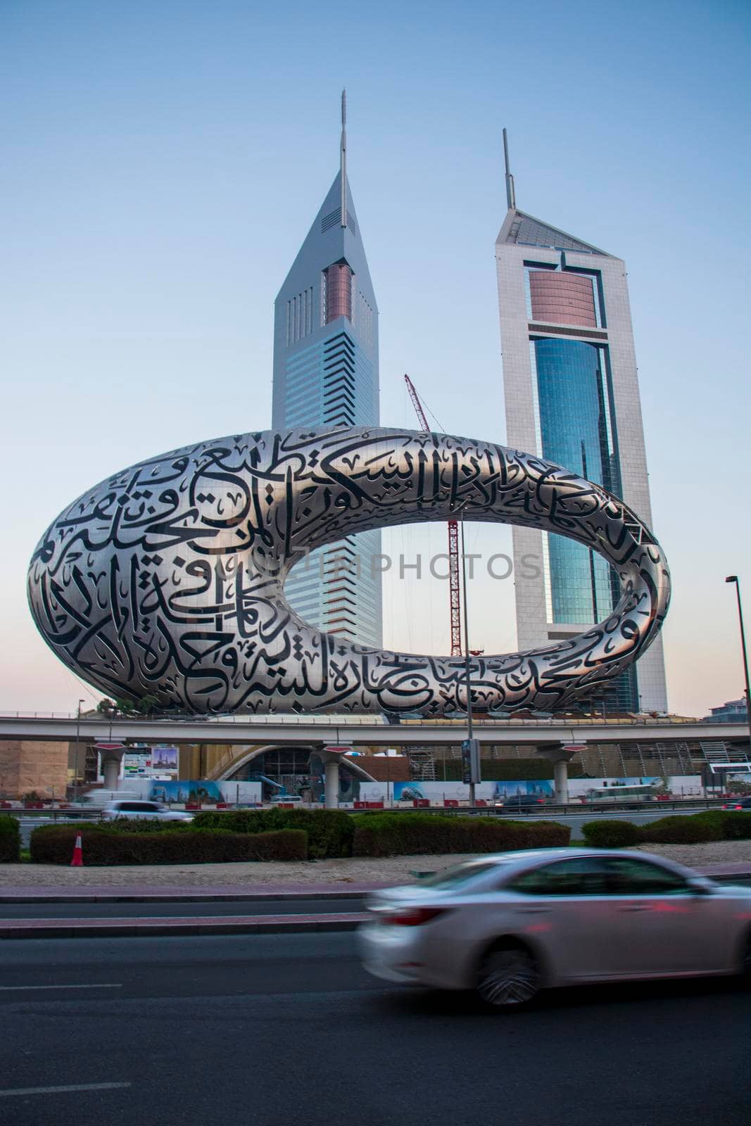 Main road of a United Arab Emirates, Shekh Zayed road. Shot taken in Dubai. Many of famous buildings can be seen as well as metro station and "Museum of future" Outdoors