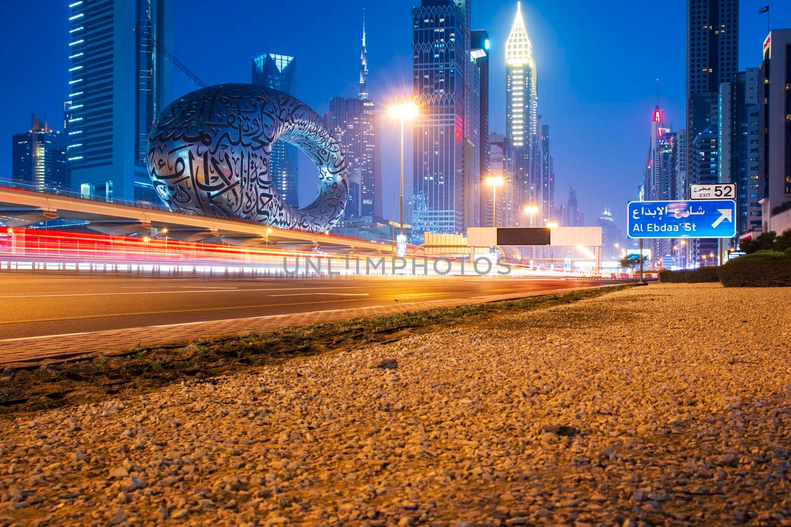 Main road of a United Arab Emirates, Shekh Zayed road. Shot taken in Dubai. Many of famous buildings can be seen as well as metro station and "Museum of future" Outdoors