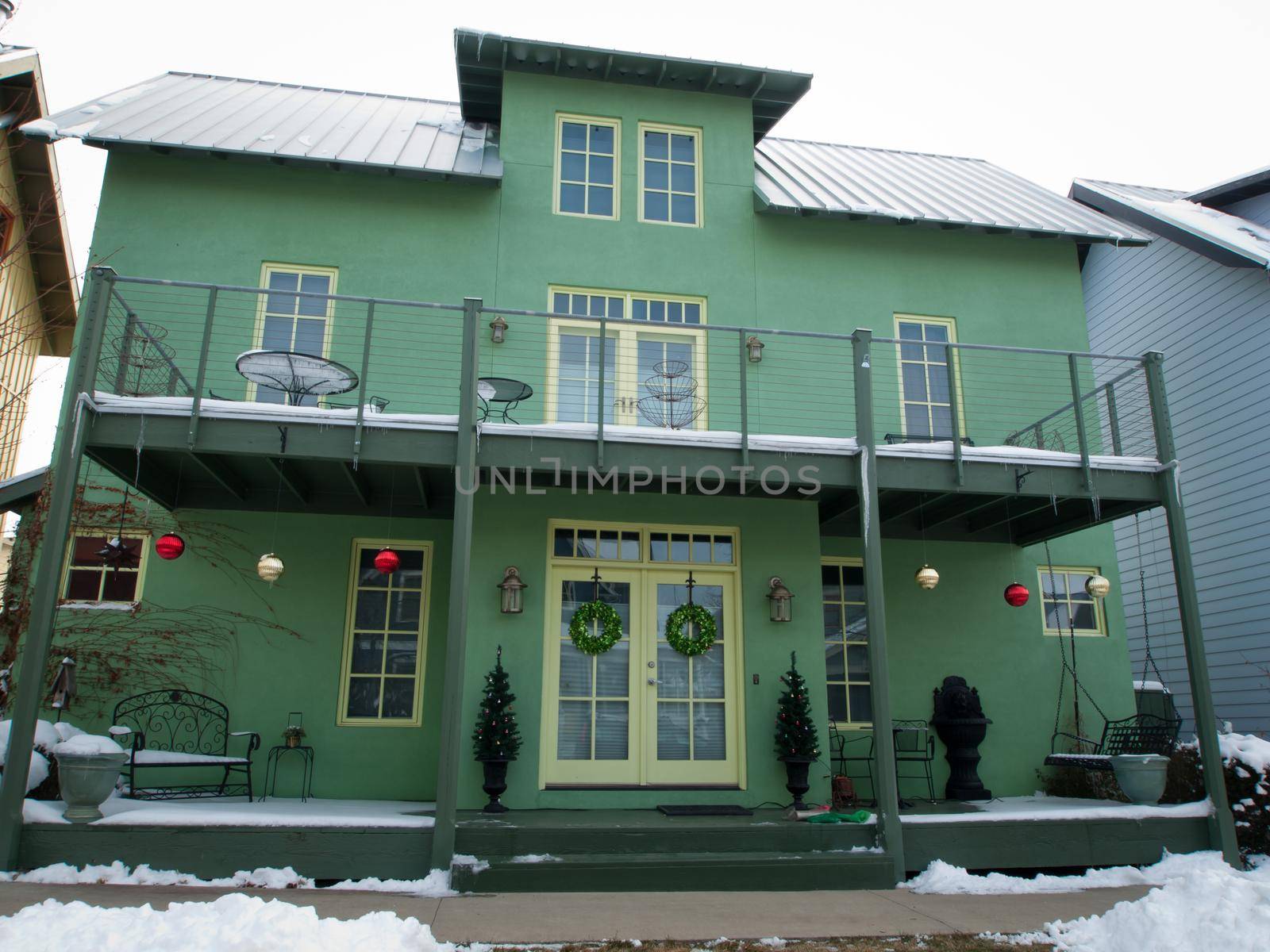 House decorated for winter holidays.
