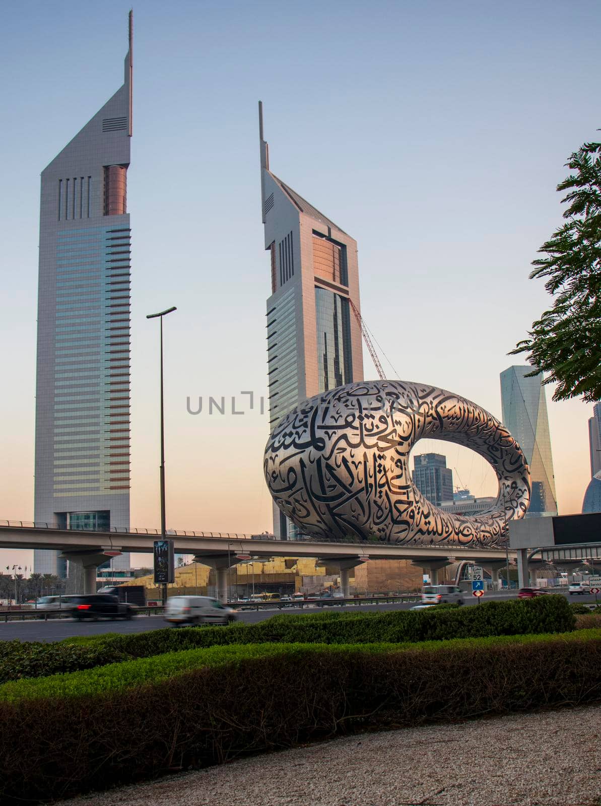 Main road of a United Arab Emirates, Shekh Zayed road. Shot taken in Dubai. Many of famous buildings can be seen as well as metro station and "Museum of future" Outdoors