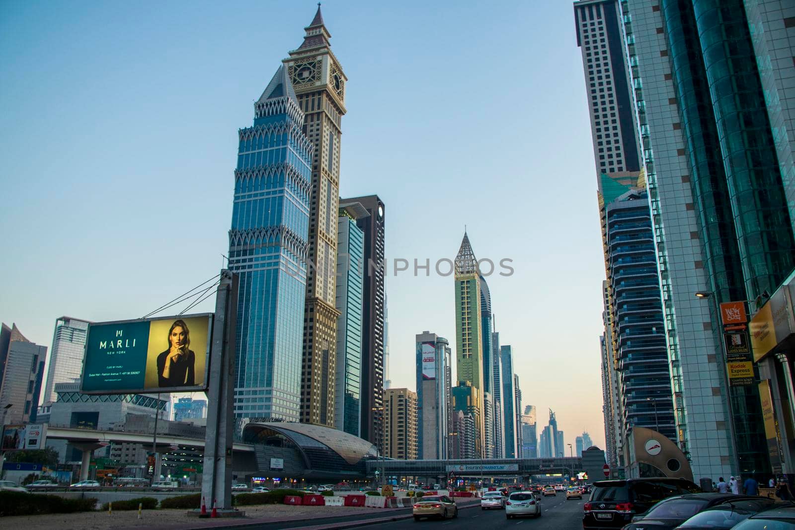 Main road of a United Arab Emirates, Shekh Zayed road. Shot taken in Dubai. Many of famous buildings can be seen as well as metro station Outdoors