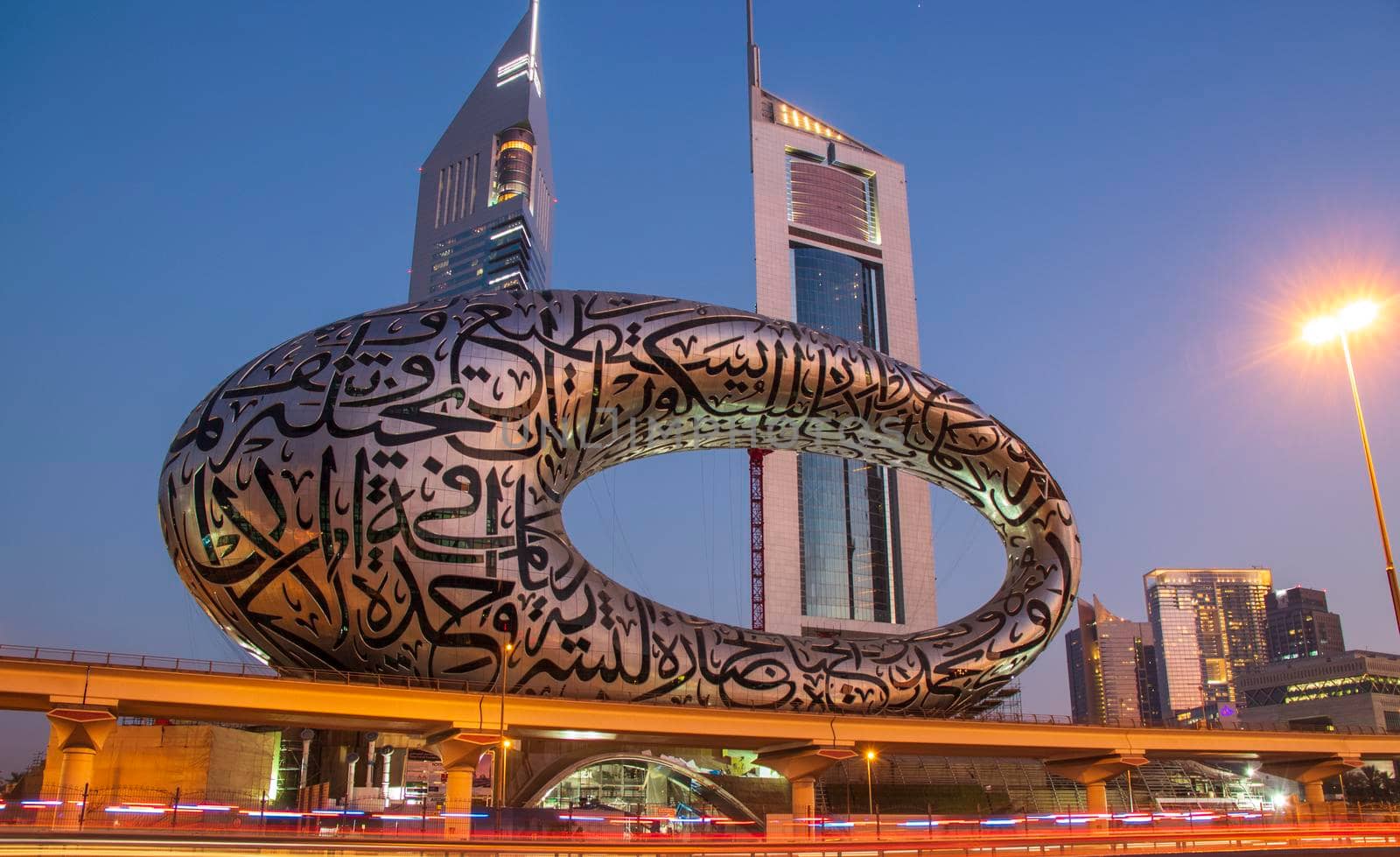 Main road of a United Arab Emirates, Shekh Zayed road. Shot taken in Dubai. Many of famous buildings can be seen as well as metro station and "Museum of future" Outdoors