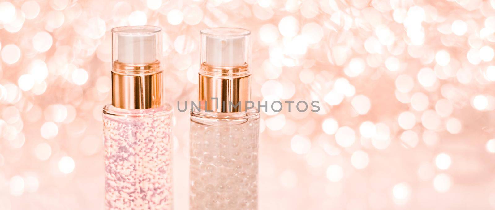 Holiday make-up base gel, serum emulsion, lotion bottle and rose gold glitter, luxury skin and body care cosmetics for beauty brand ads by Anneleven