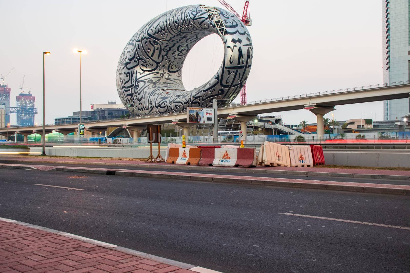 Main road of a United Arab Emirates, Shekh Zayed road. Shot taken in Dubai. Many of famous buildings can be seen as well as metro station and "Museum of future" Outdoors