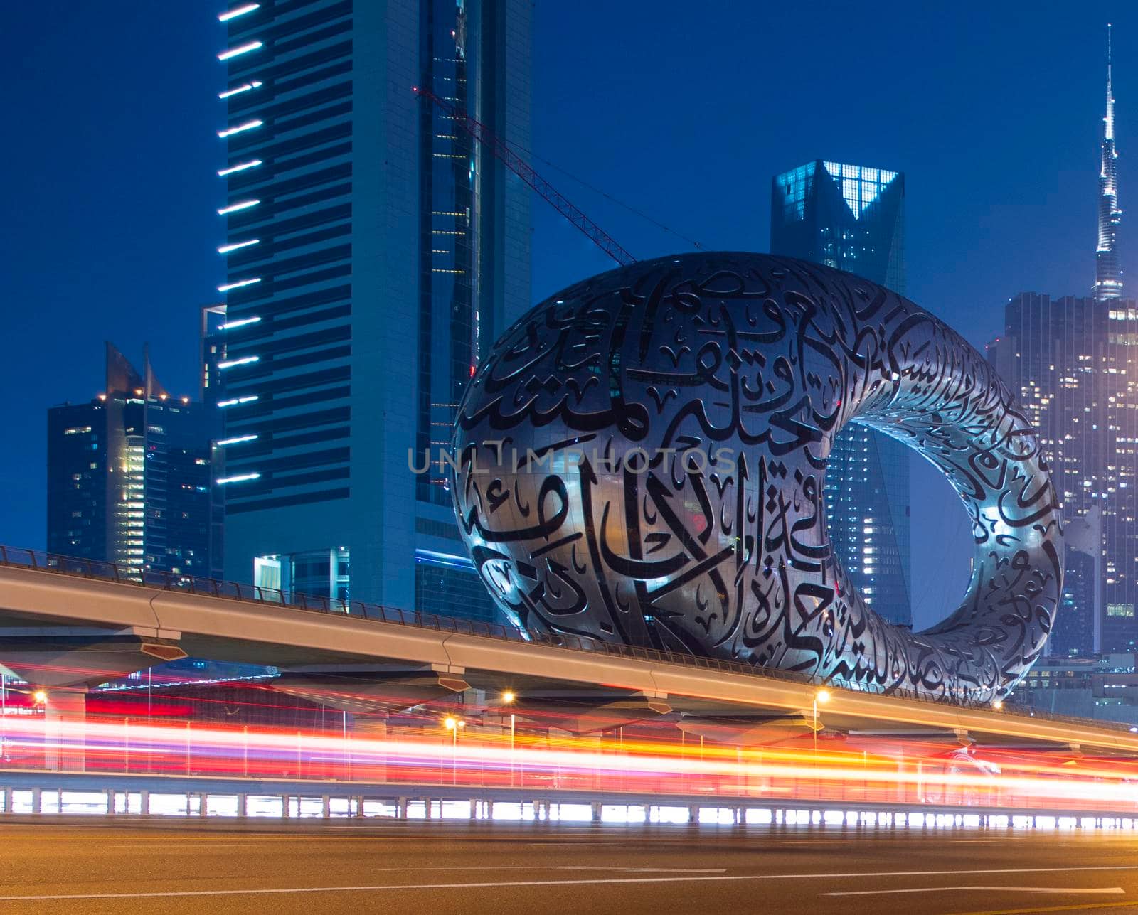 Main road of a United Arab Emirates, Shekh Zayed road. Shot taken in Dubai. Many of famous buildings can be seen as well as metro station and "Museum of future" Outdoors