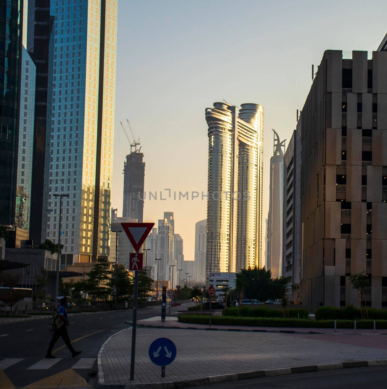 Dubai Financial Center road. Address Sky view hotel can be seen on the scene. Outdoors