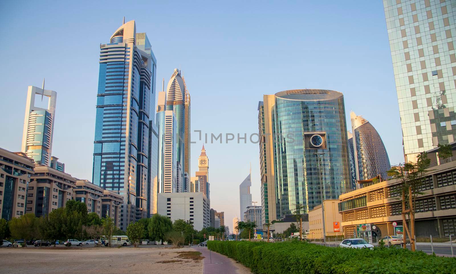 Dubai Financial Center road. Landmarks such Jumeirah Emirates towers, Ritz Carlton, Park towers, DIFC on the picture. Outdoors