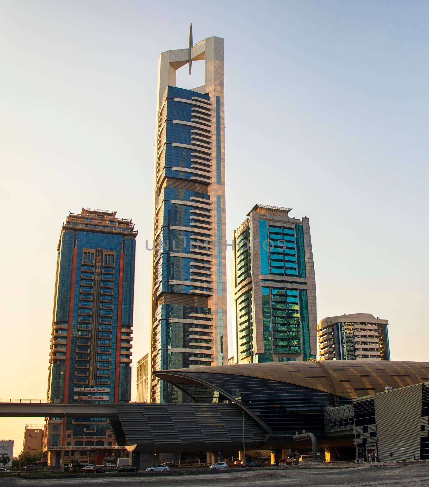 View of some skyscrapers and metro station along the Sheikh Zayed Road in Dubai. by pazemin