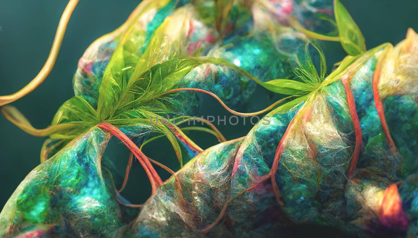 3d render of emitting a colorful jungle fantasy iridescent light background. Beautiful nature HD wallpaper.