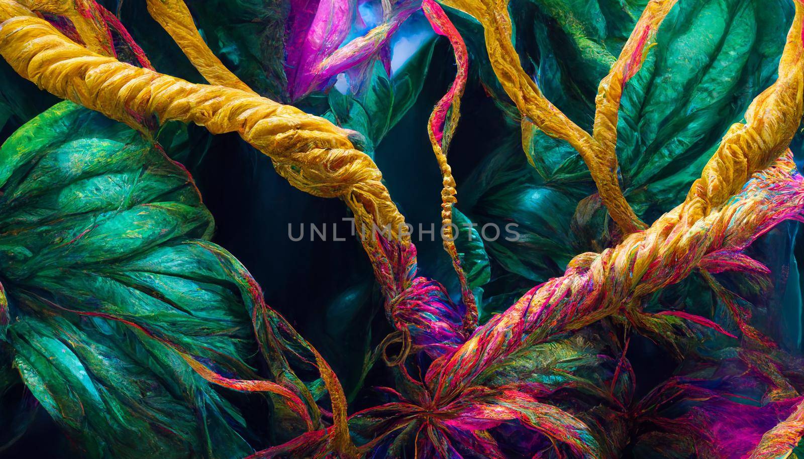 3d render of emitting a colorful jungle fantasy iridescent light background. Beautiful nature HD wallpaper.