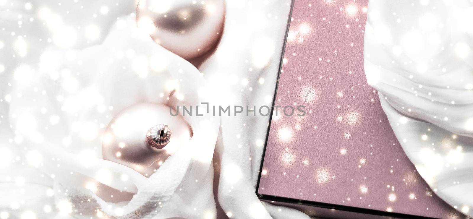 Holidays branding, glamour and decoration concept - Christmas magic holiday background, festive baubles, blush pink vintage gift box and gold glitter as winter season present for luxury brand design