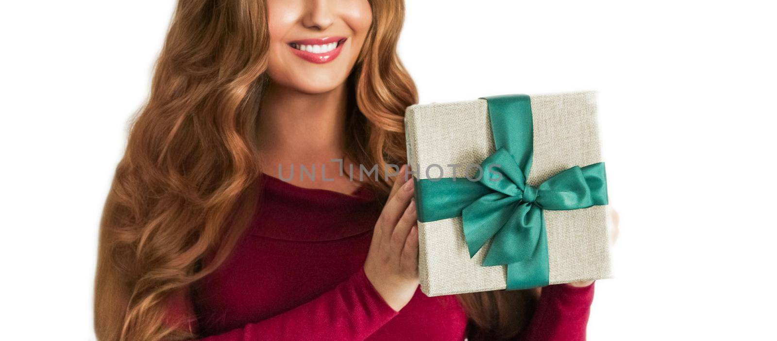 Birthday, Christmas or holiday present, happy woman holding a green gift or luxury beauty box subscription delivery isolated on white background, portrait