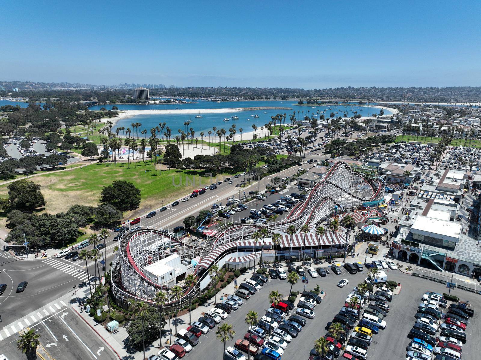Aerial view of Belmont Park, an amusement park built in 1925 on the Mission Beach boardwalk, San Diego, California, USA by Bonandbon