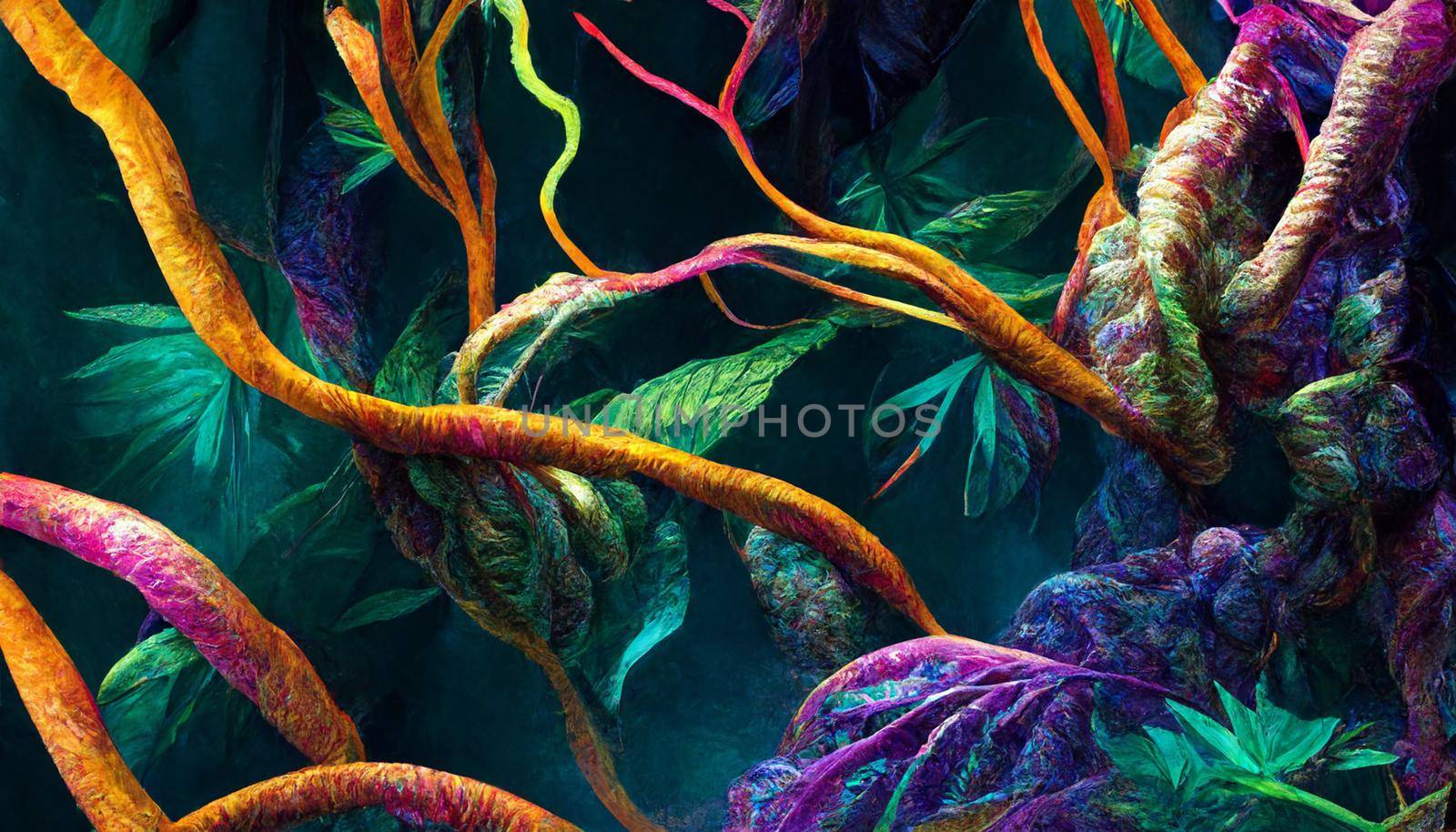 3d render of emitting a colorful jungle fantasy iridescent light background. Beautiful nature HD wallpaper.