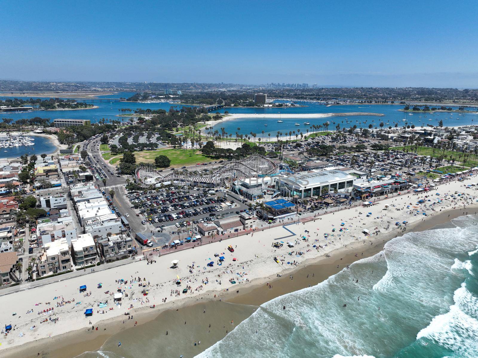 Aerial view of Belmont Park, an amusement park built in 1925 on the Mission Beach boardwalk, San Diego, California, USA. August 22nd, 2022