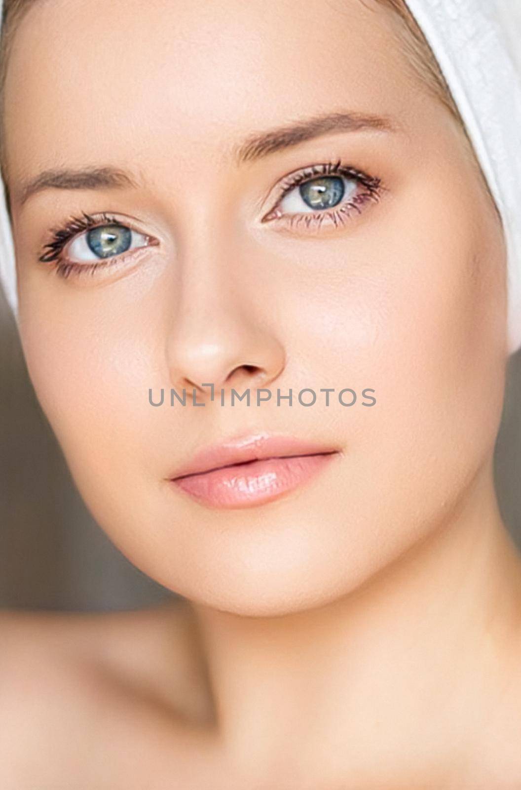 Skin care and beauty routine, beautiful woman with white towel wrapped around head, skincare cosmetics and face cosmetology by Anneleven