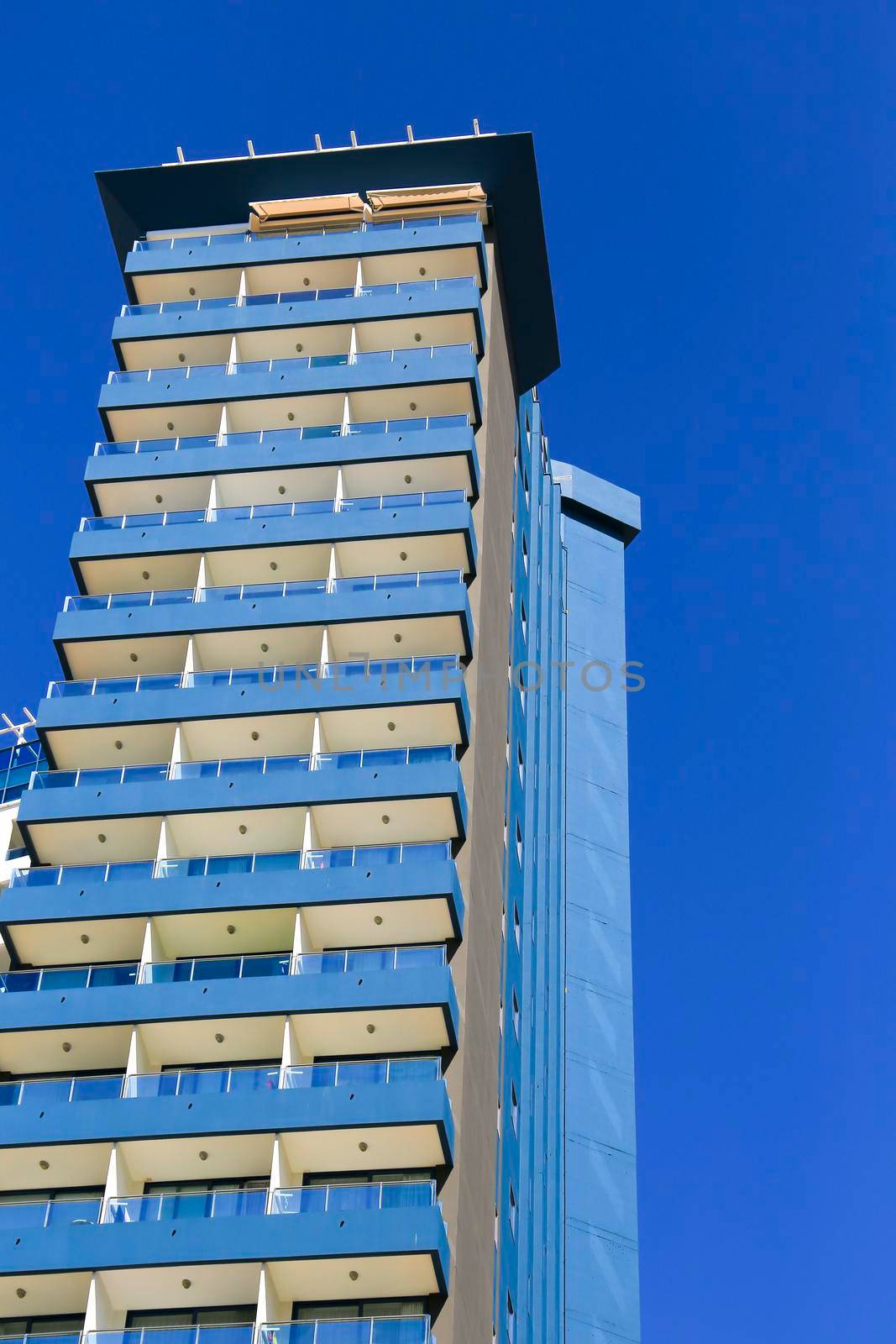 Benidorm, Alicante, Spain- September 11, 2022: Modern architecture buildings in the center of town in Benidorm
