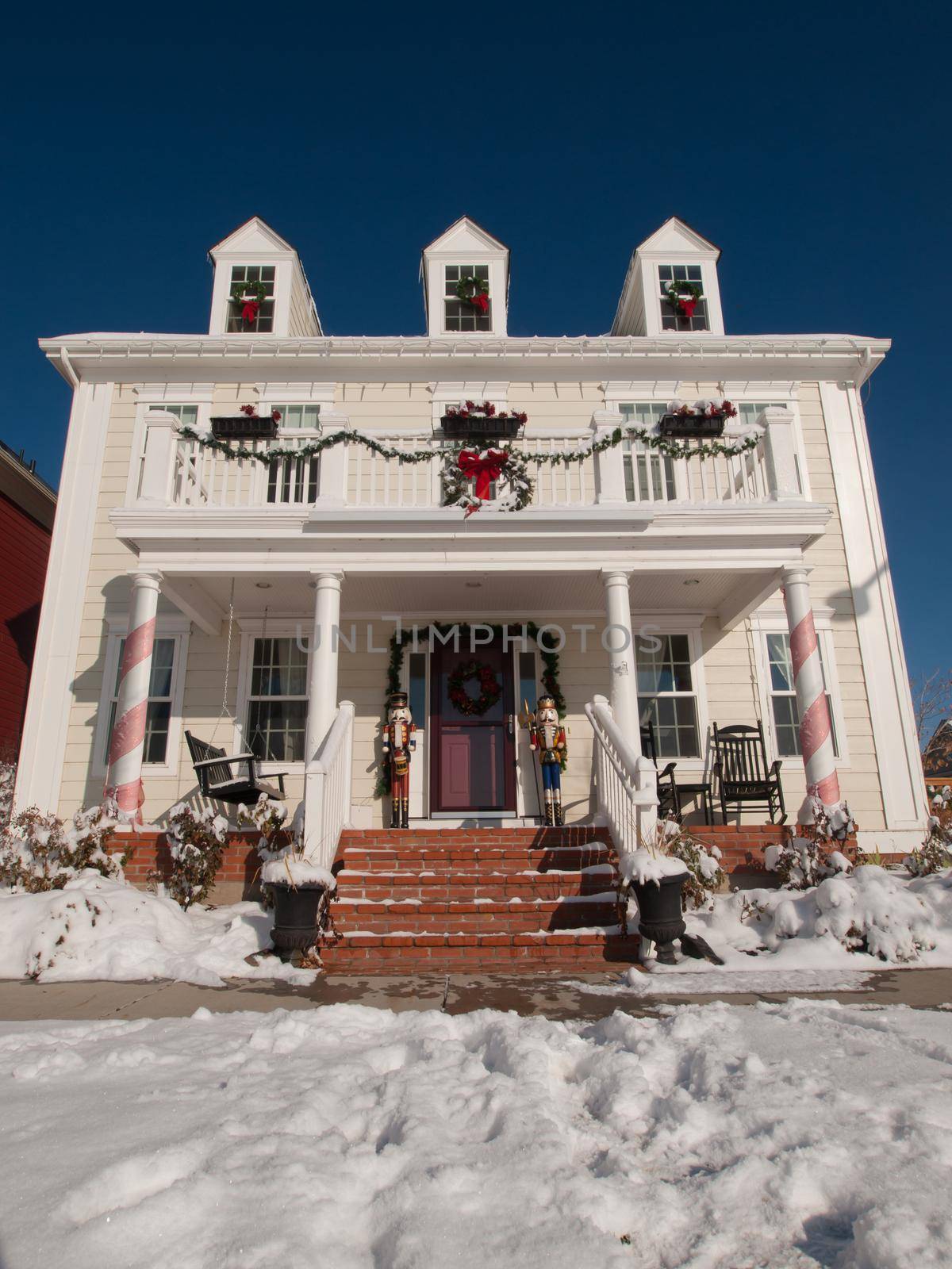 House decorated for winter holidays.
