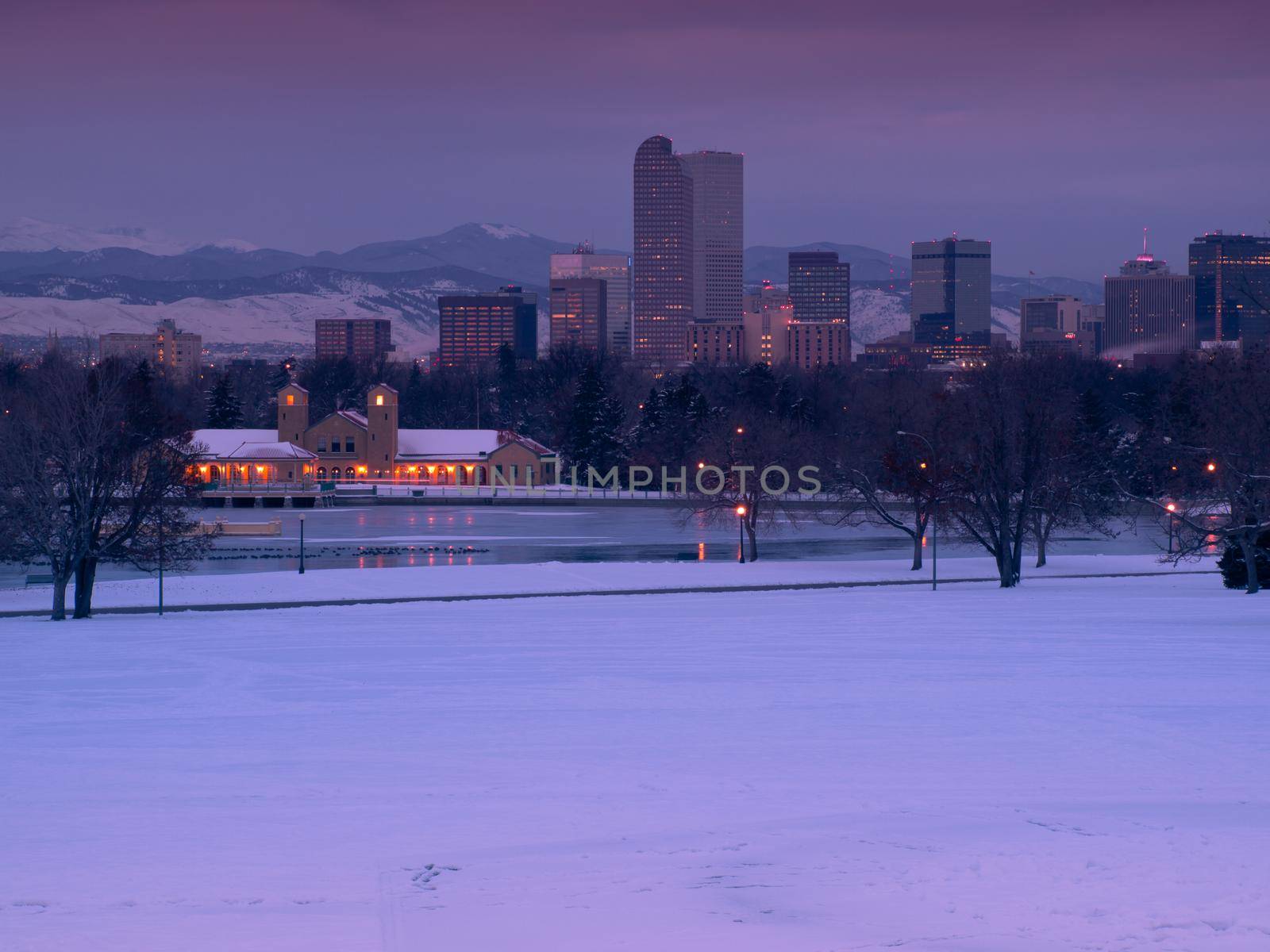 A view of downtown Denver before sunrise.
