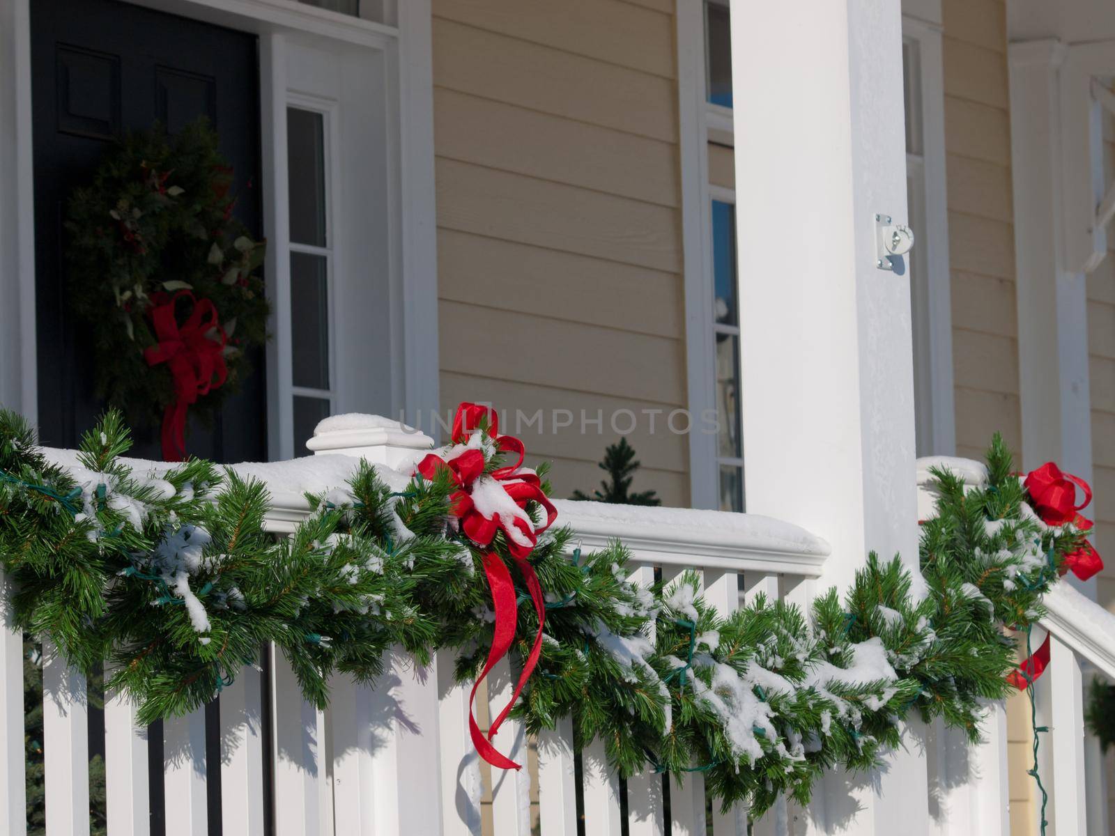 House decorated for winter holidays.