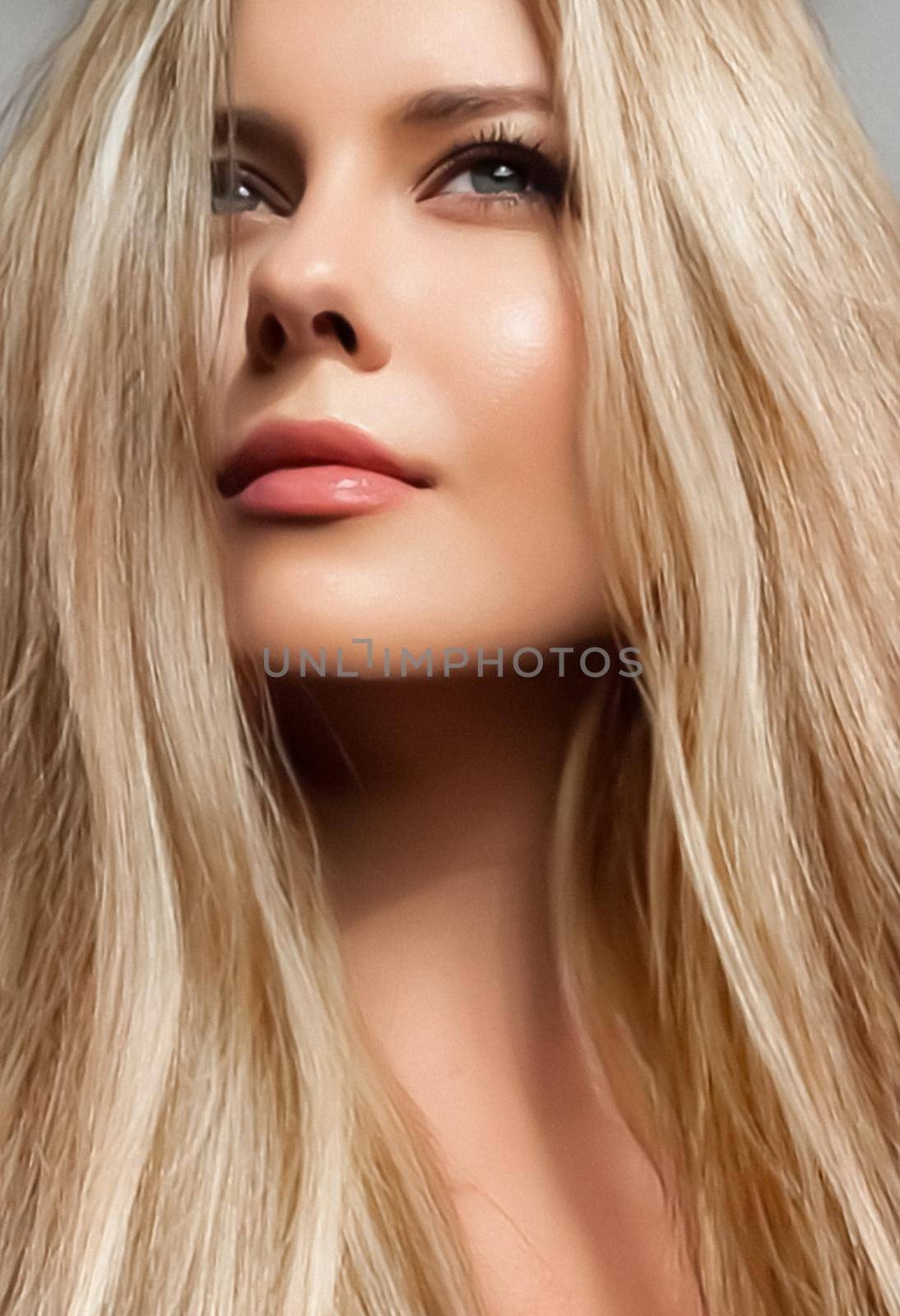 Hair colour, haircare cosmetics and beauty face portrait, beautiful woman with light blonde hairstyle shade, close-up
