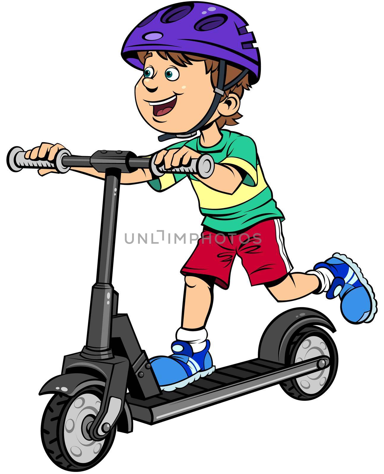 Color vector illustration of a cartoon kid in a bike helmet rides a kick scooter.