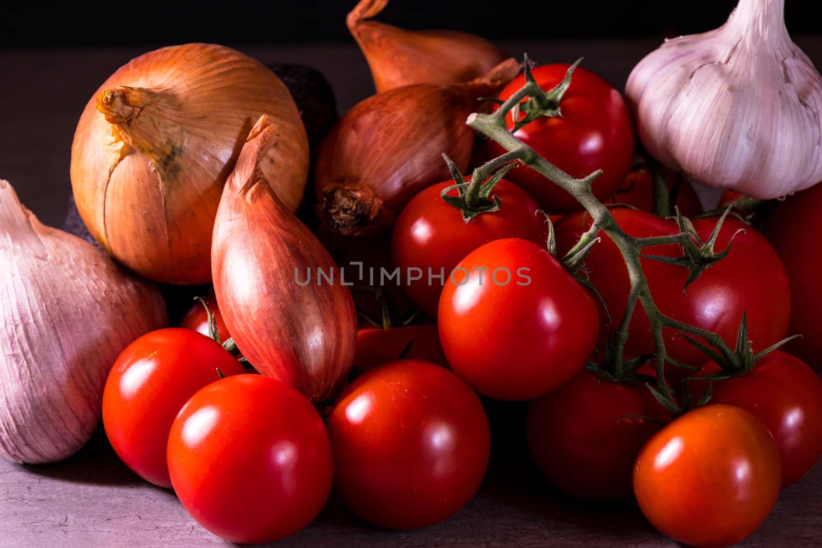 assorted garlic tomatoes and onions for a kitchen decoration poster by jp_chretien
