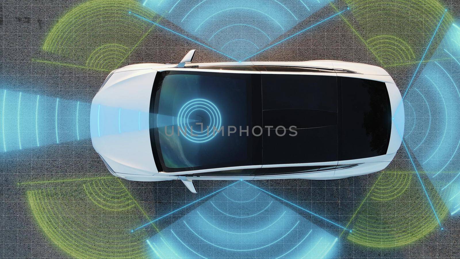 Self Driving Autopilot Car Technologies, Radar, 360, Sensor, Cameras, Laser. Artificial Intelligence Digitalizes and Analyzes Road. Sensor Scanning Road Ahead for Vehicles, Danger, Speed Limits.