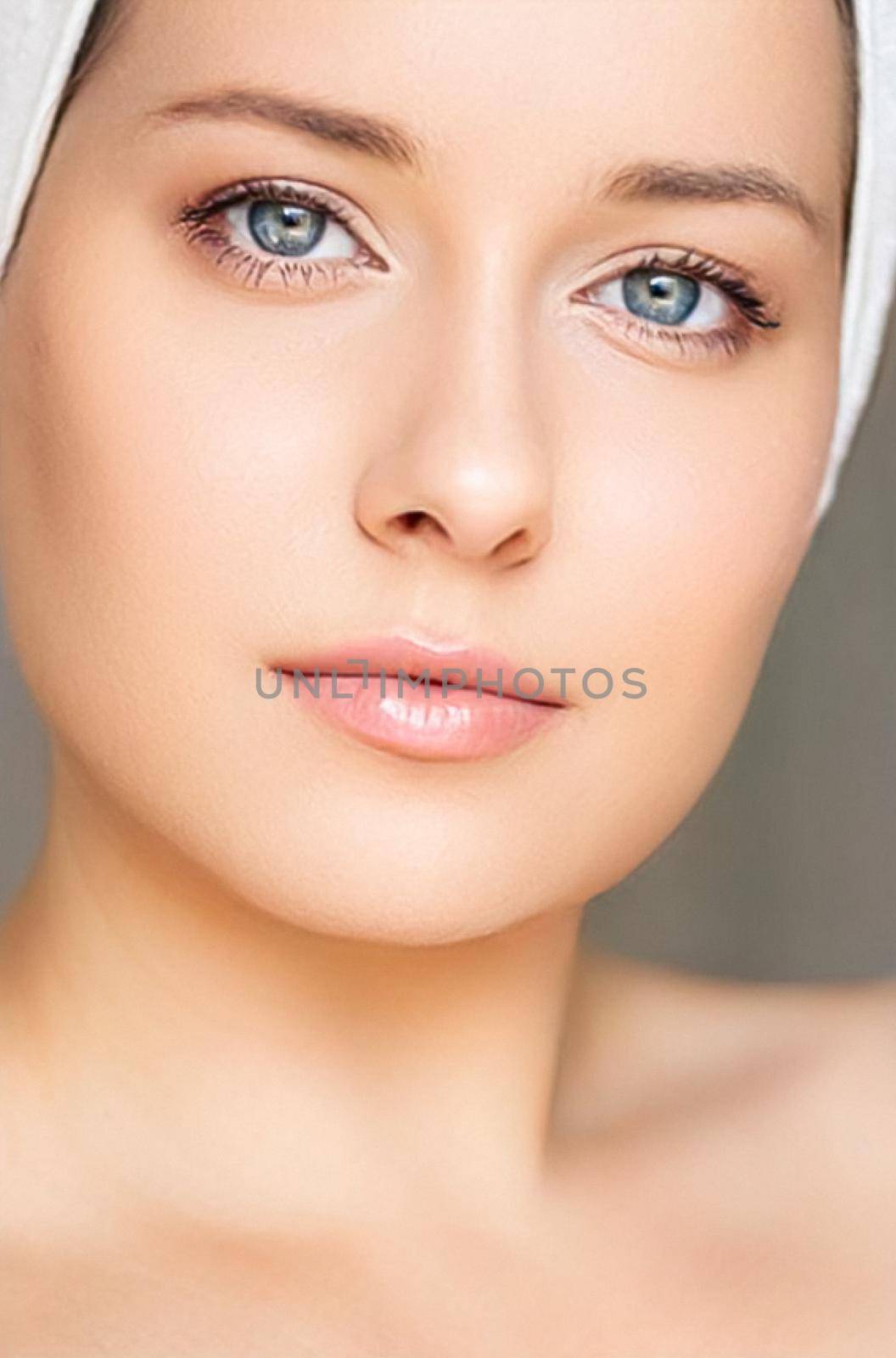 Skin care and beauty routine, beautiful woman with white towel wrapped around head, skincare cosmetics and face cosmetology, close-up portrait